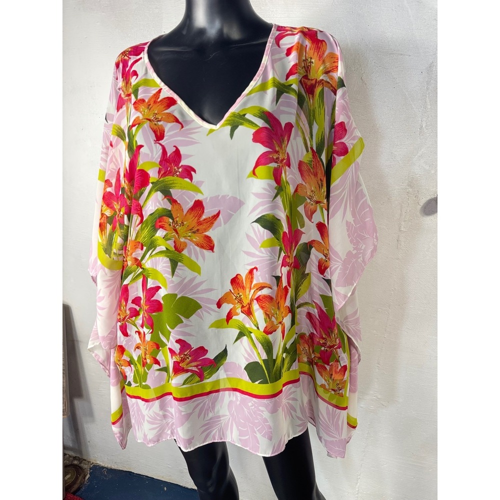 Susan Graver‎ Floral Print V Neck Caftan Top 2X 3XL Pink Orange Green - Picture 2 of 13